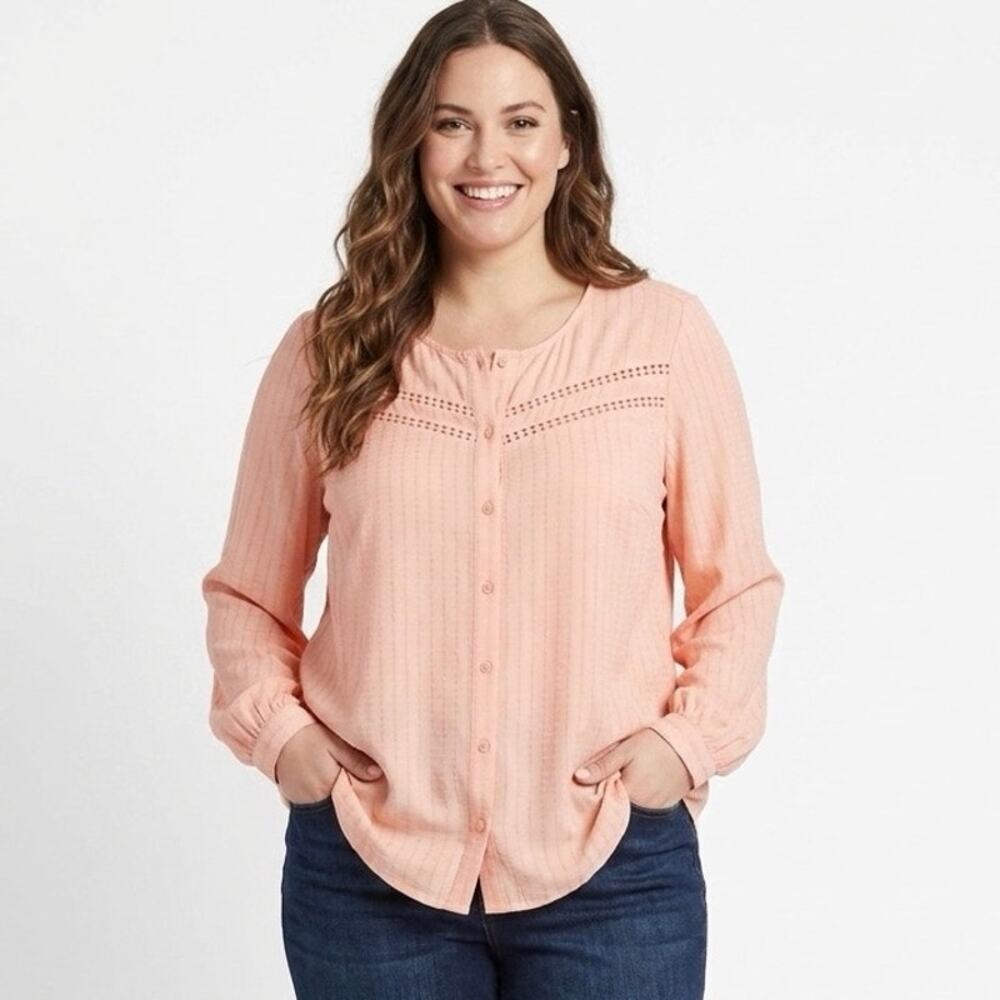 Lane Bryant Women's Blouse 14 Coral Pink Crochet Long Sleeve Crew Neck Button Up